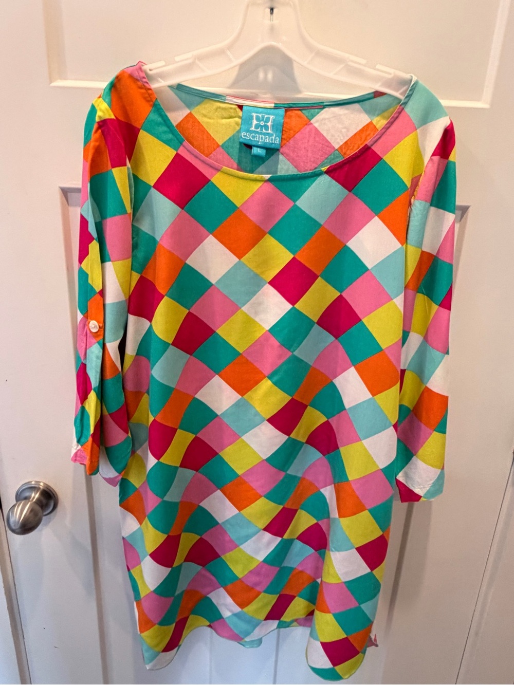 Escapada Large Colorful Geometric Print Shift Dress Resort Cruise Vacation Rayon